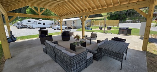 Cook out station:  charcoal grill and Blackstone flat grill
